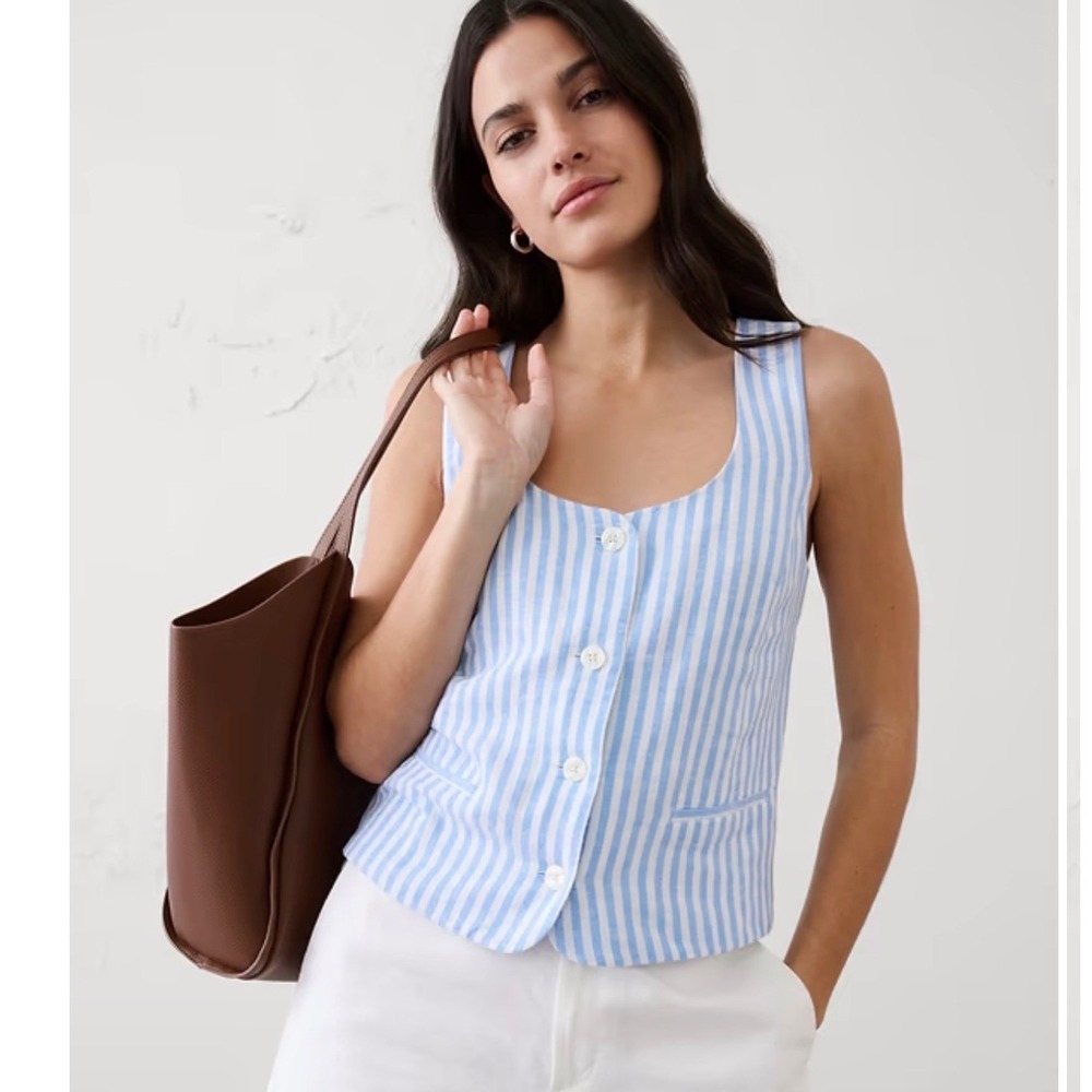 Victoria's Secret Vest Women M Blue White Striped Cotton Button Pointed Hem